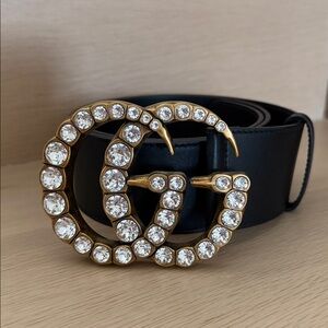 GUCCI Wide Black Belt with Gold Crystal GG Buckle